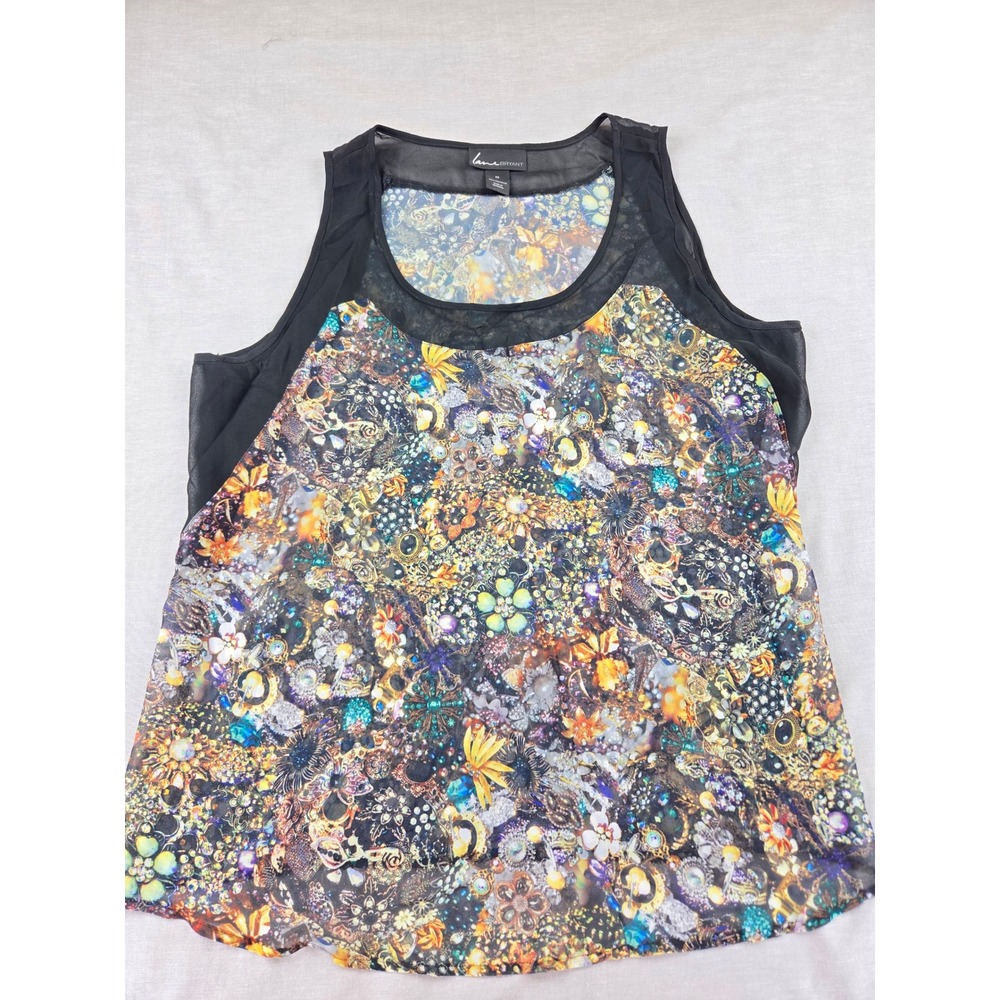 Lane Bryant Womens 22 Sleeveless Jewel Print Chiffon Blouse Tank Top Black Multi
